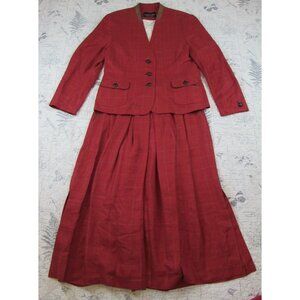 Admont Wool Leather Trim RED Window Pain skirt suit 2 piece Women's sz 42 US 12